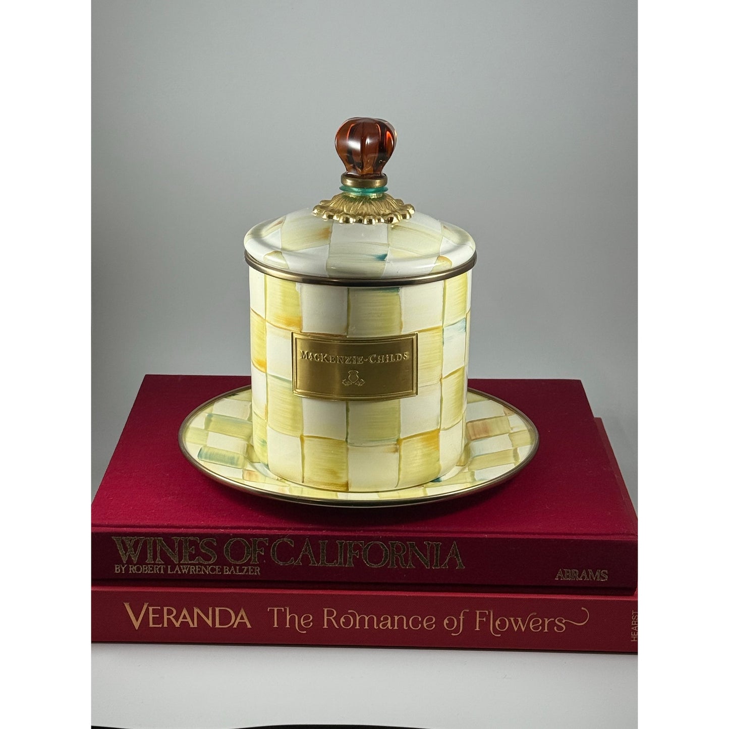 MacKenzie-Childs Parchment Check Canister with Amber Finial + Matching Plate | Brass Label
