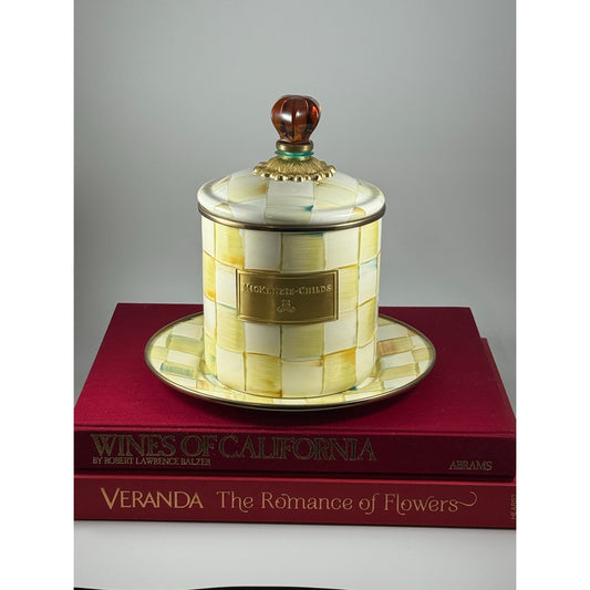 MacKenzie-Childs Parchment Check Canister with Amber Finial + Matching Plate | Brass Label