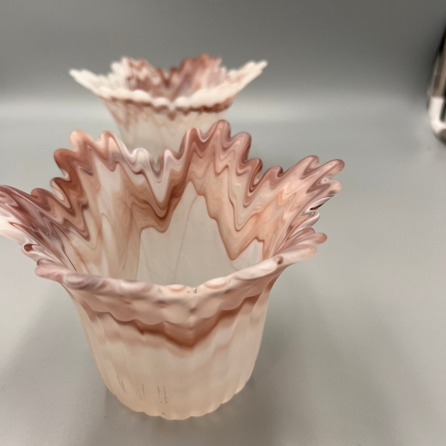 Pair of Marbled Pink Art Glass Lamp Shades – Ruffled Edge Swirl Satin Glass – Vintage Style Light Covers, 1-5/8" Fitter
