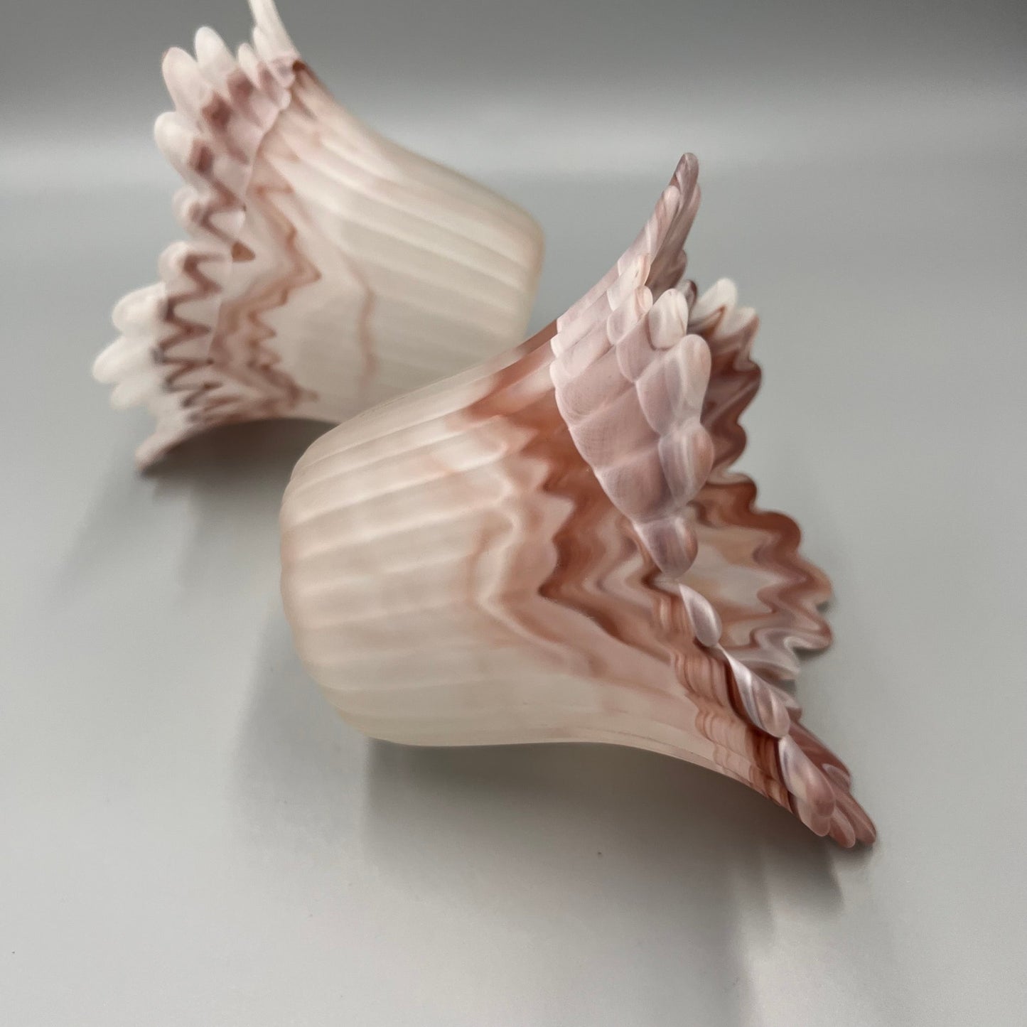 Pair of Marbled Pink Art Glass Lamp Shades – Ruffled Edge Swirl Satin Glass – Vintage Style Light Covers, 1-5/8" Fitter