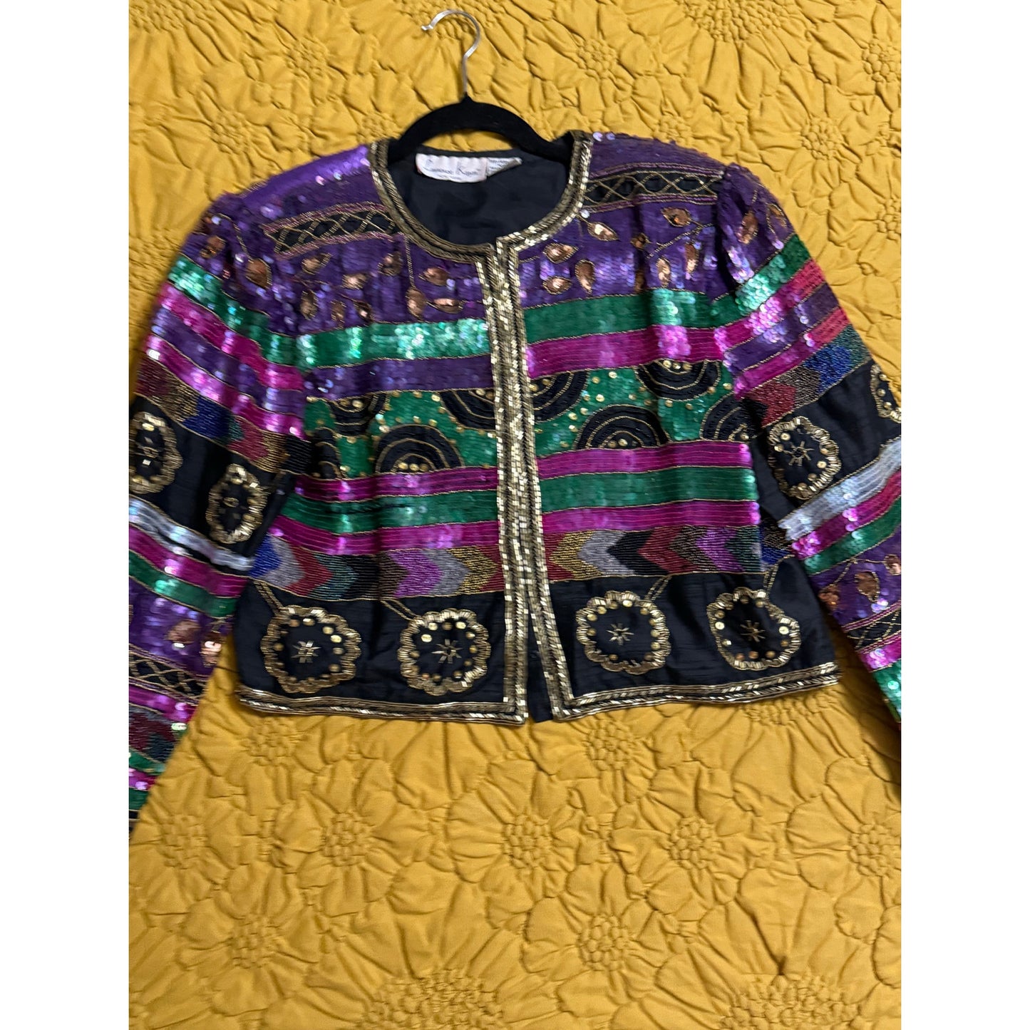 Lawrence Kazar Vintage 1980s Embellished Cropped Jacket XL | Purple Green Sequin Beaded Silk Statement Jacket