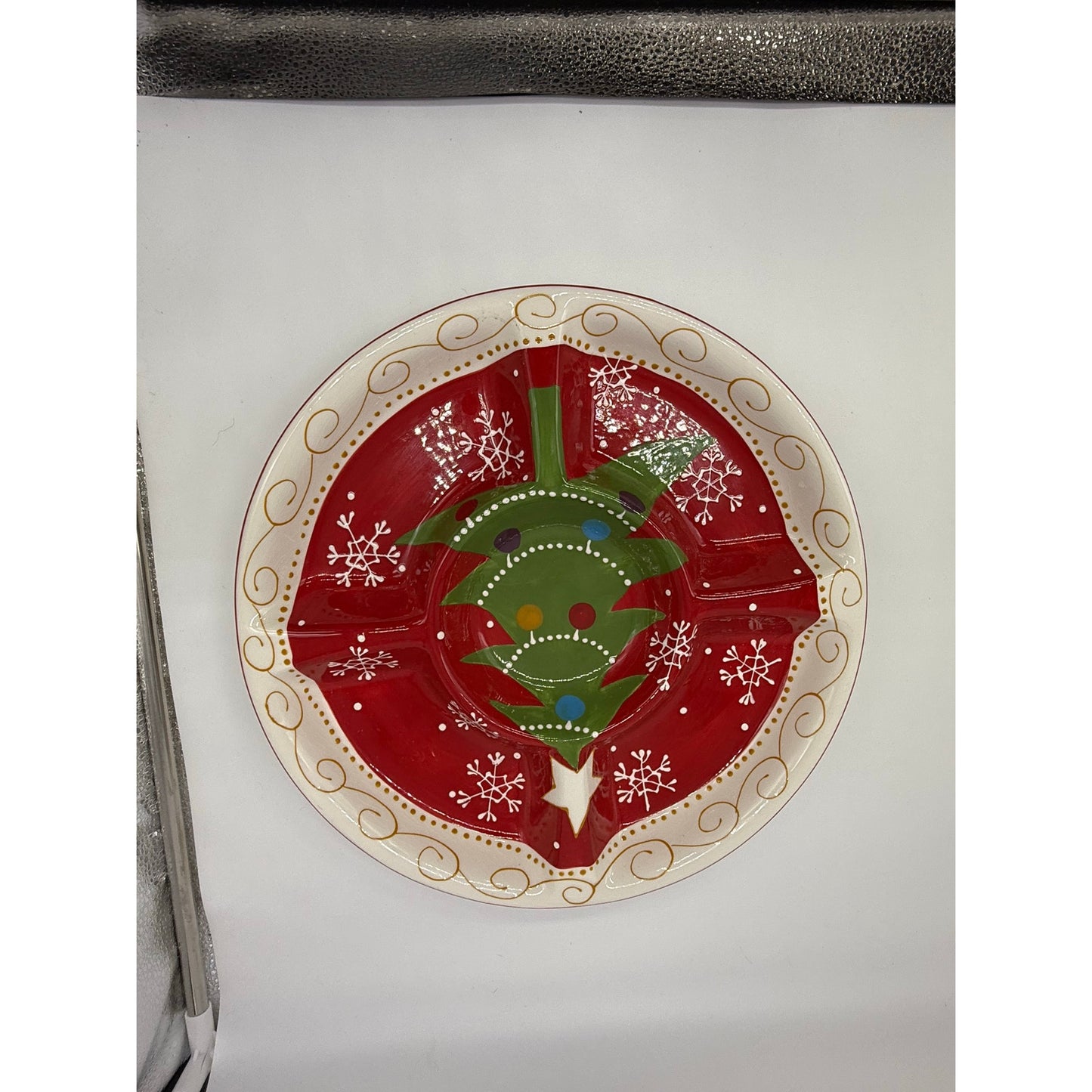 Pier 1 Christmas Divided Serving Platter – 14” Ceramic Holiday Tray – Snowflake Christmas Tree Sectional Dish – Red Hand-Painted Style Plate