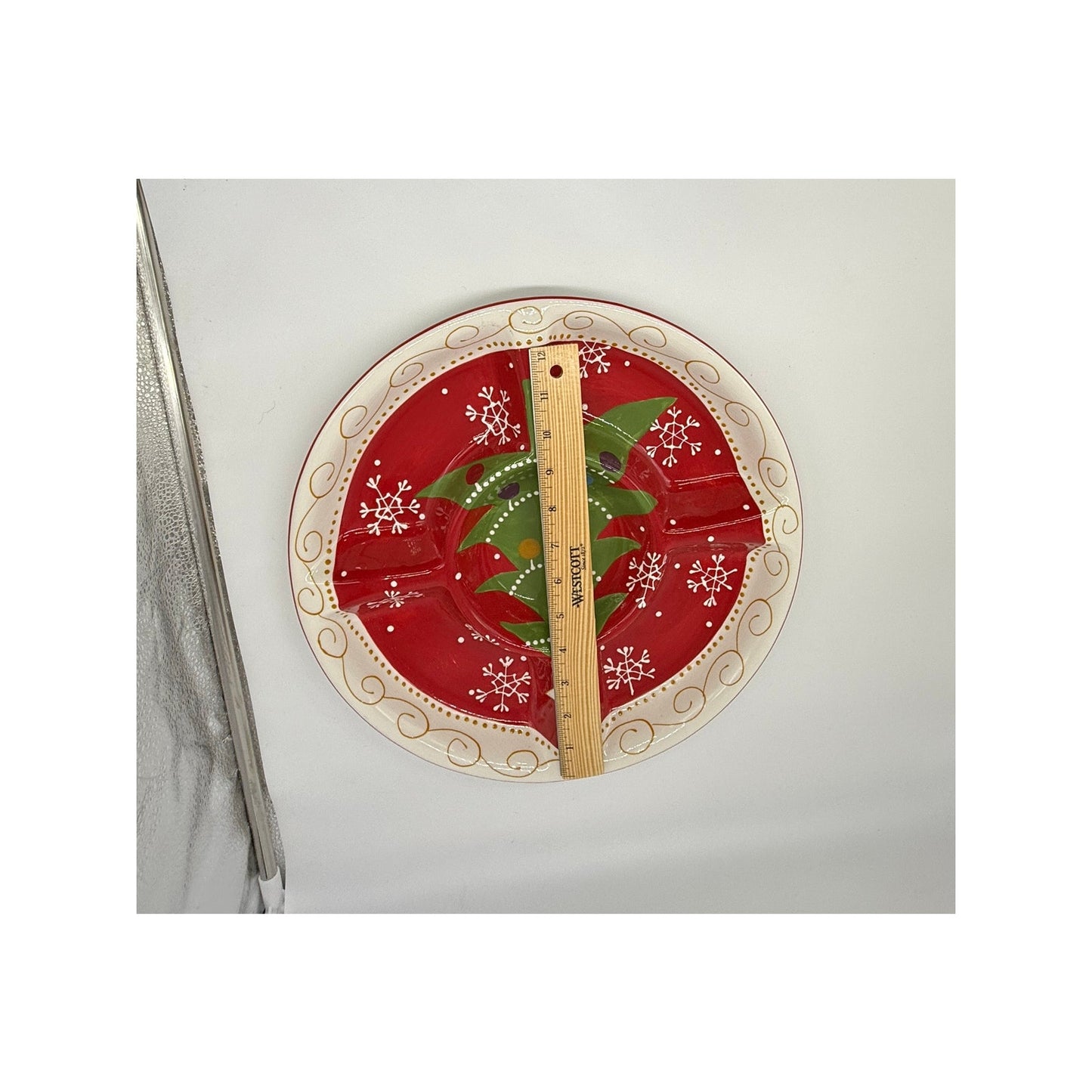 Pier 1 Christmas Divided Serving Platter – 14” Ceramic Holiday Tray – Snowflake Christmas Tree Sectional Dish – Red Hand-Painted Style Plate