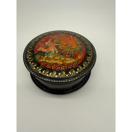 Vintage Russian Kholuy Lacquer Box — Hand-Painted “Firebird” Жар-Птица — Signed Sutin — Black & Gold Folk Art — 4” Round Red Interior