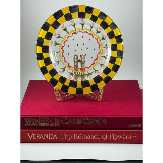Cottagecore Hand-Painted Plate, Tulip Floral & Checkered Rim, MC-Inspired 8.5” Decor