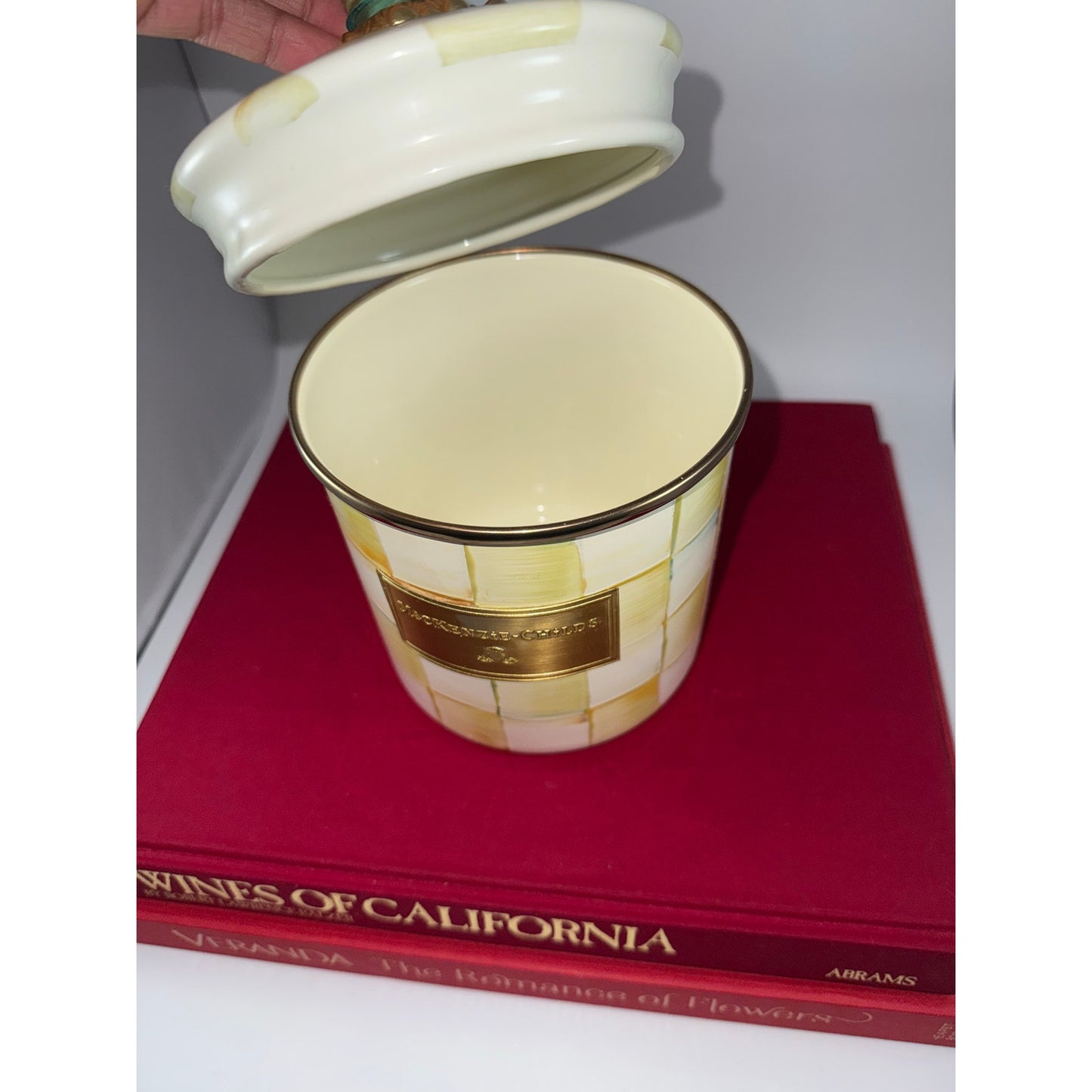 MacKenzie-Childs Parchment Check Canister with Amber Finial + Matching Plate | Brass Label