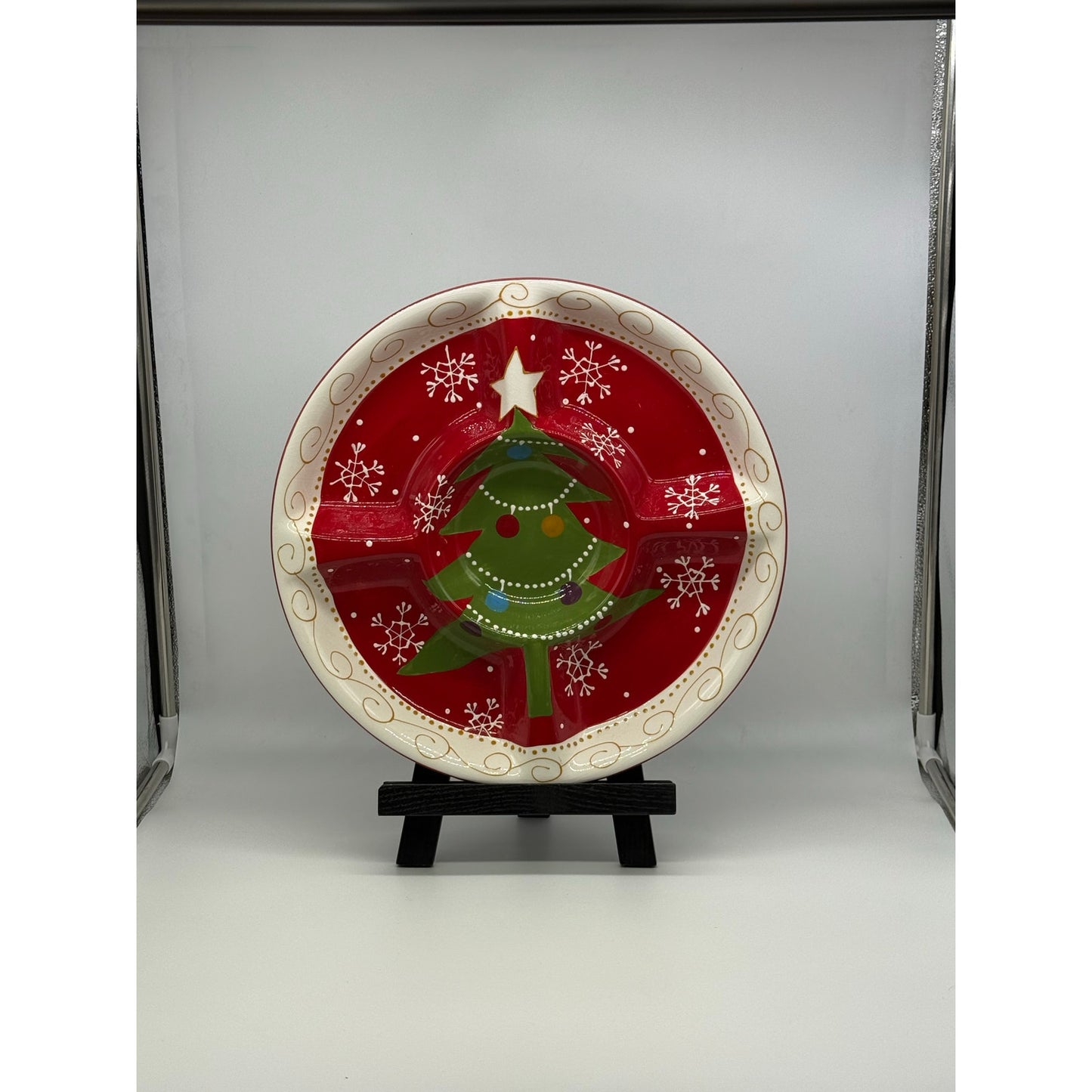 Pier 1 Christmas Divided Serving Platter – 14” Ceramic Holiday Tray – Snowflake Christmas Tree Sectional Dish – Red Hand-Painted Style Plate