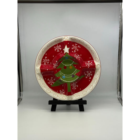 Pier 1 Christmas Divided Serving Platter – 14” Ceramic Holiday Tray – Snowflake Christmas Tree Sectional Dish – Red Hand-Painted Style Plate