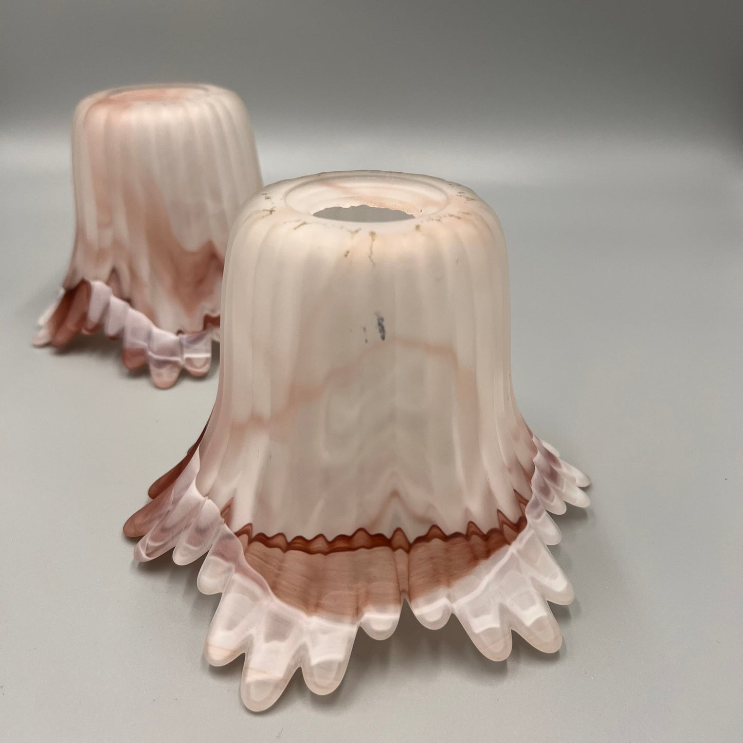 Pair of Marbled Pink Art Glass Lamp Shades – Ruffled Edge Swirl Satin Glass – Vintage Style Light Covers, 1-5/8" Fitter