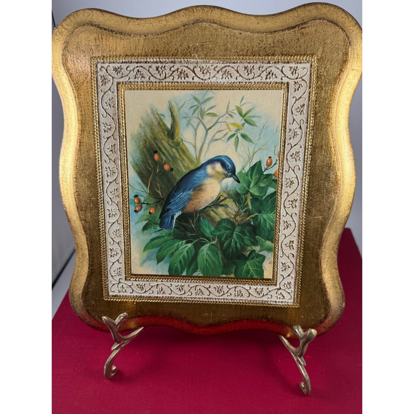 Vintage Italian Gilded Wood Plaque – Bluebird Painting – Made in Italy