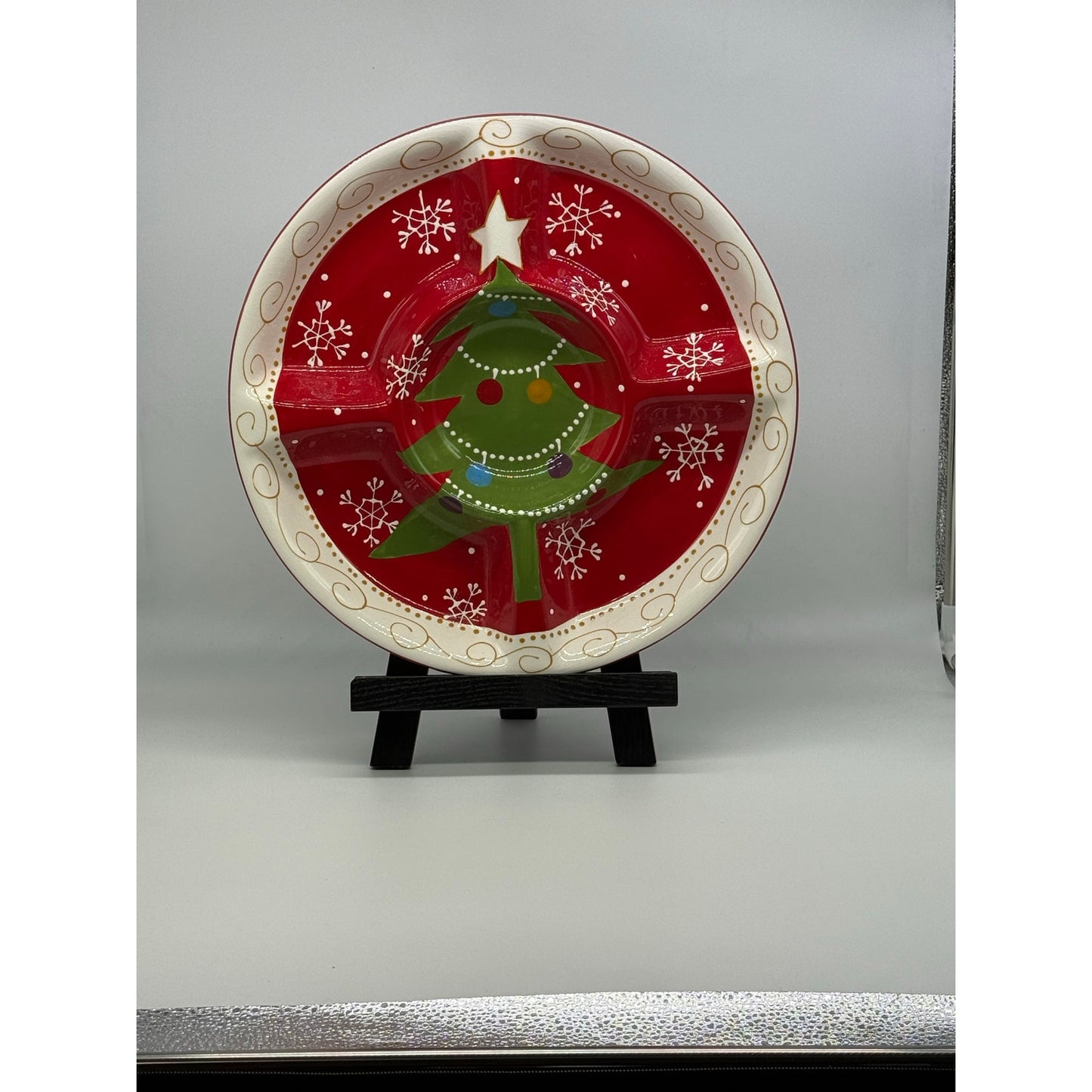 Pier 1 Christmas Divided Serving Platter – 14” Ceramic Holiday Tray – Snowflake Christmas Tree Sectional Dish – Red Hand-Painted Style Plate