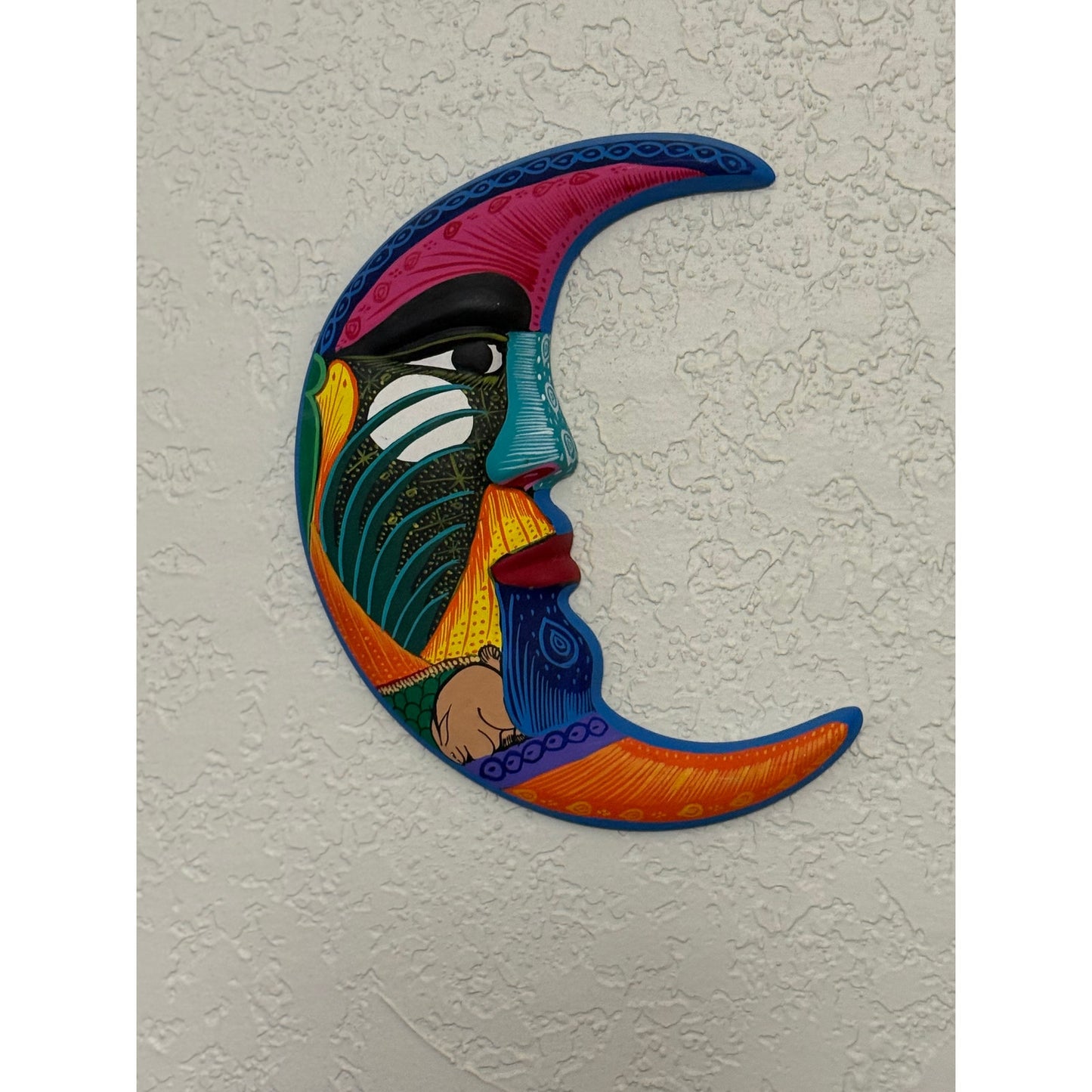 Hand-Painted Mexican Folk Art Crescent Moon Wall Hanging – Vibrant Talavera Style Face – 7” Ceramic Wall Decor