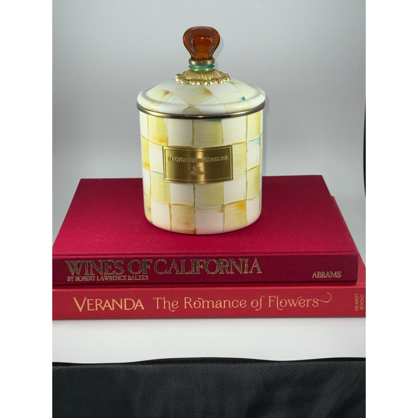 MacKenzie-Childs Parchment Check Canister with Amber Finial + Matching Plate | Brass Label