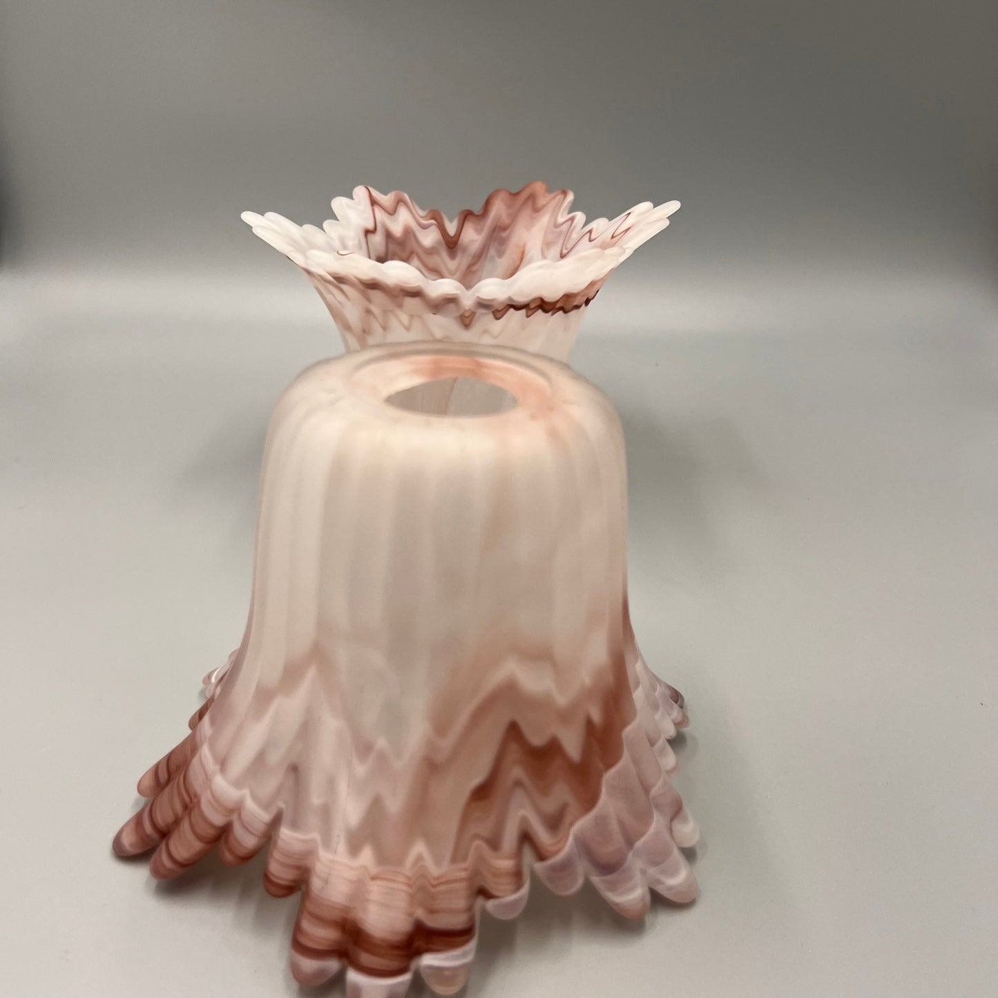 Pair of Marbled Pink Art Glass Lamp Shades – Ruffled Edge Swirl Satin Glass – Vintage Style Light Covers, 1-5/8" Fitter