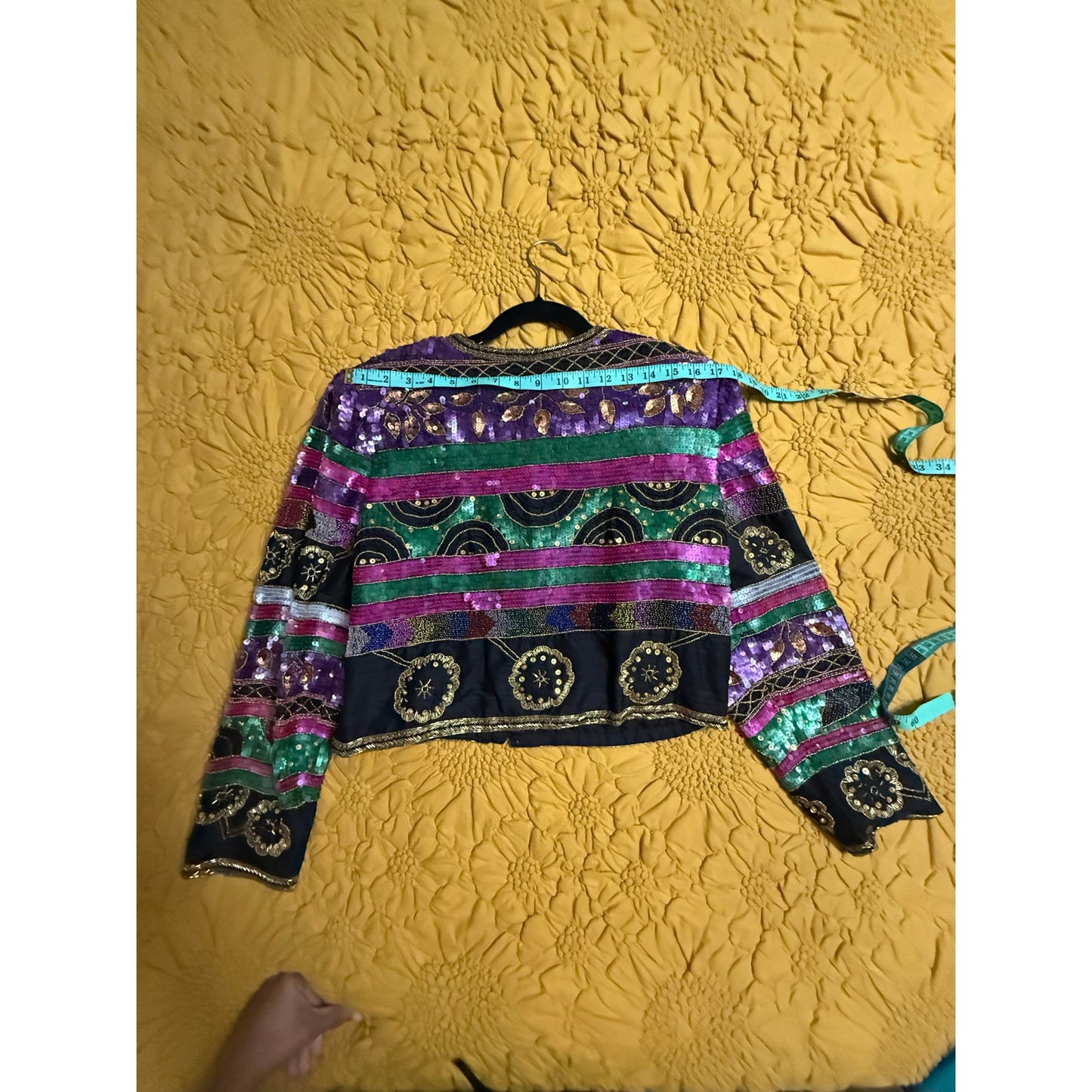 Lawrence Kazar Vintage 1980s Embellished Cropped Jacket XL | Purple Green Sequin Beaded Silk Statement Jacket