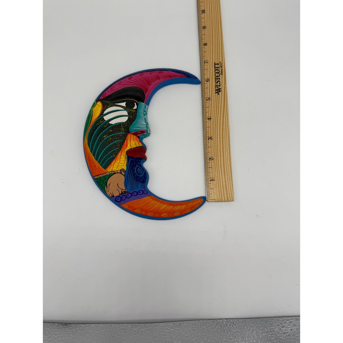 Hand-Painted Mexican Folk Art Crescent Moon Wall Hanging – Vibrant Talavera Style Face – 7” Ceramic Wall Decor