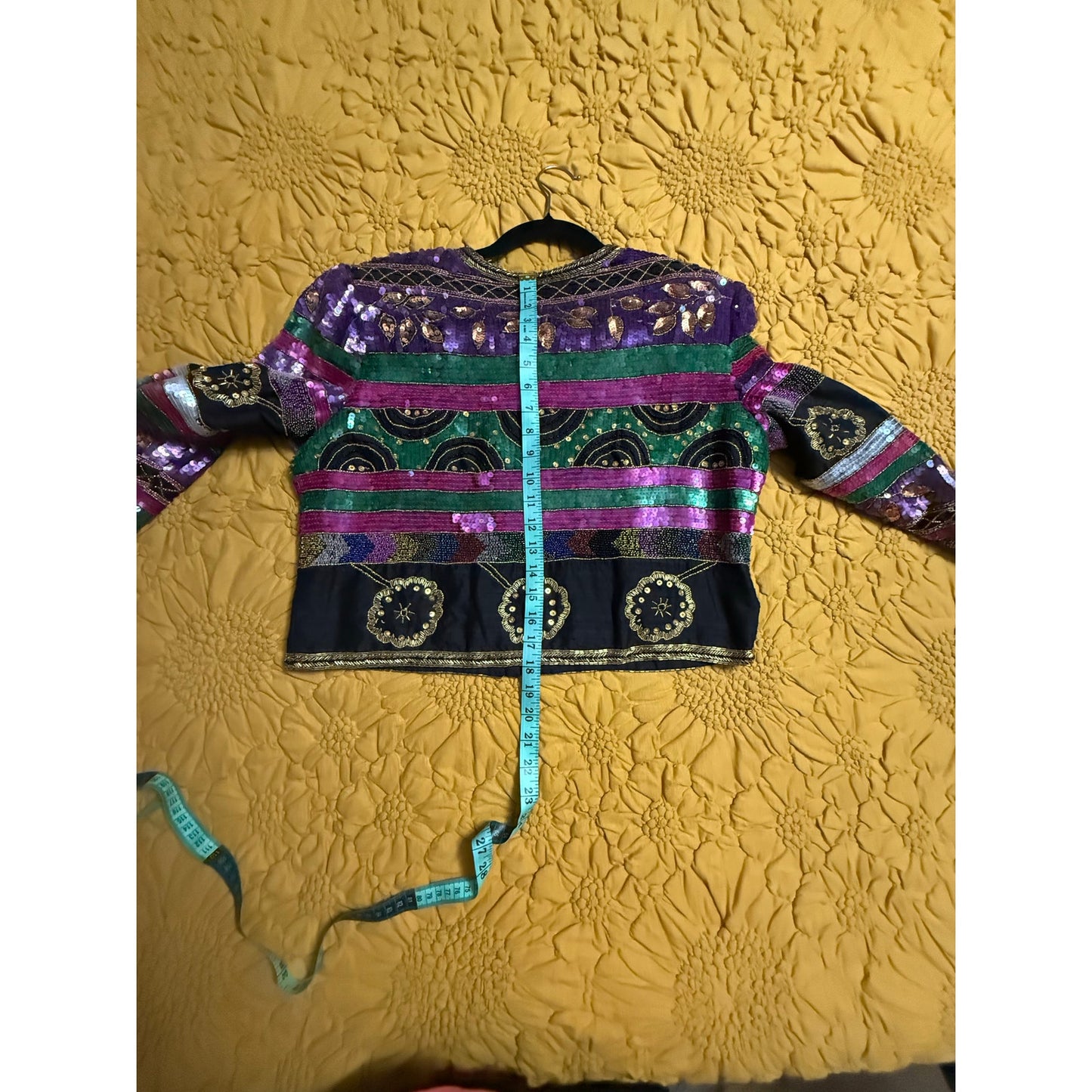 Lawrence Kazar Vintage 1980s Embellished Cropped Jacket XL | Purple Green Sequin Beaded Silk Statement Jacket