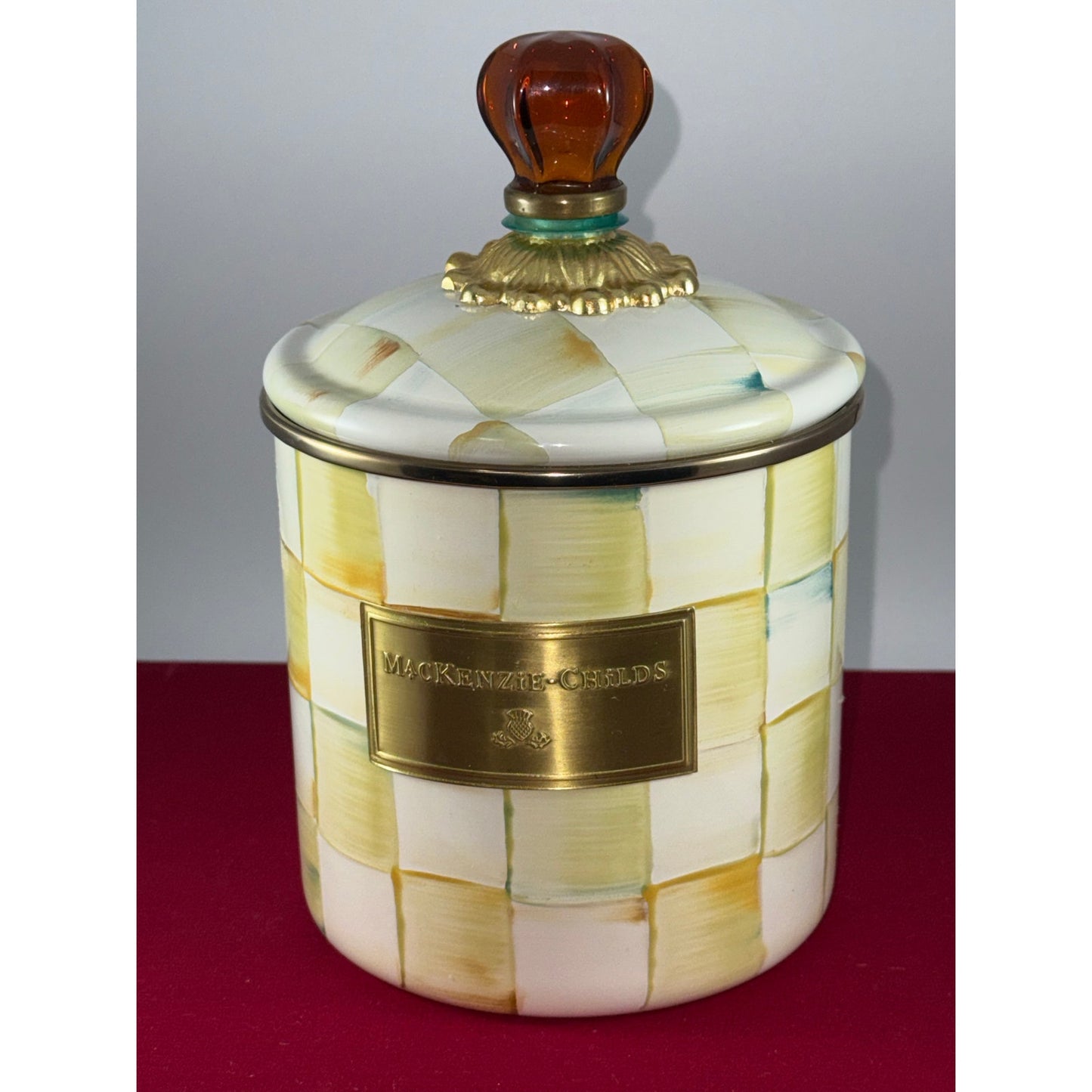 MacKenzie-Childs Parchment Check Canister with Amber Finial + Matching Plate | Brass Label