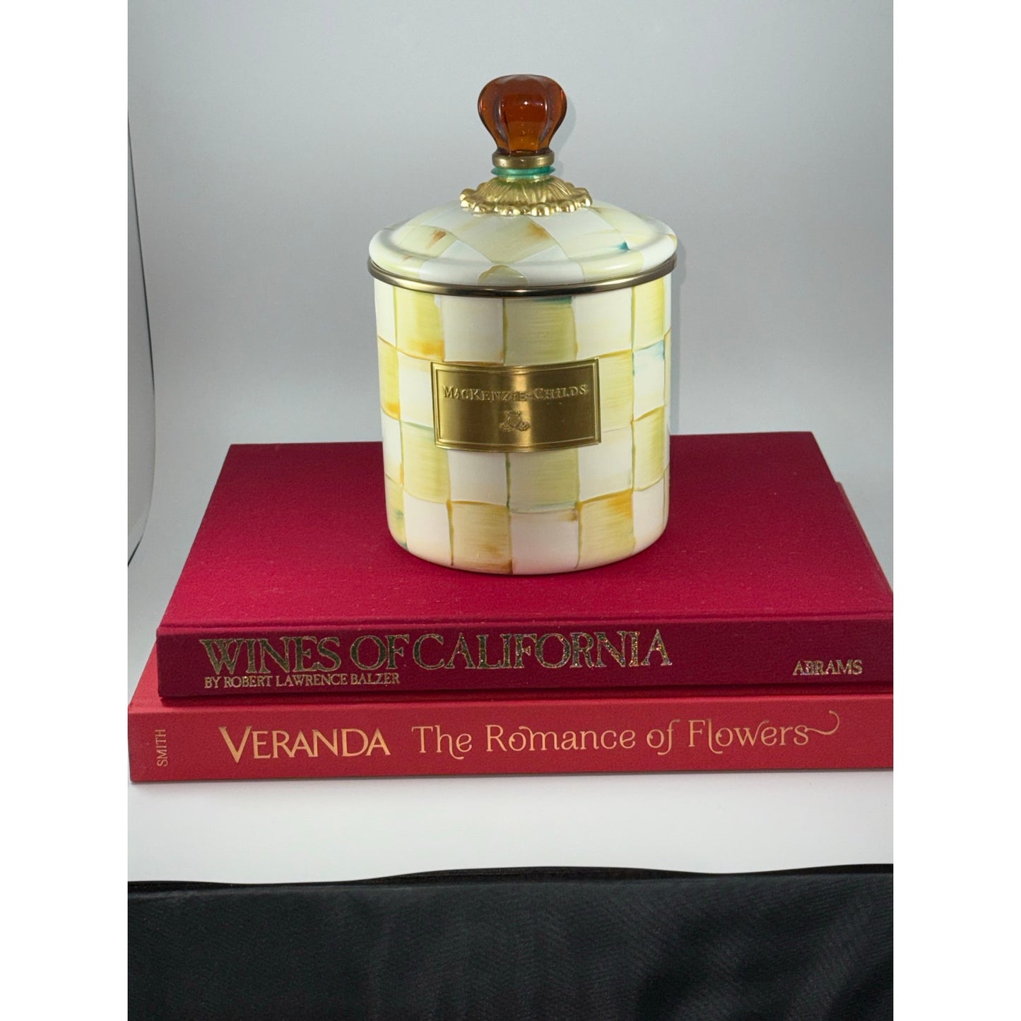 MacKenzie-Childs Parchment Check Canister with Amber Finial + Matching Plate | Brass Label