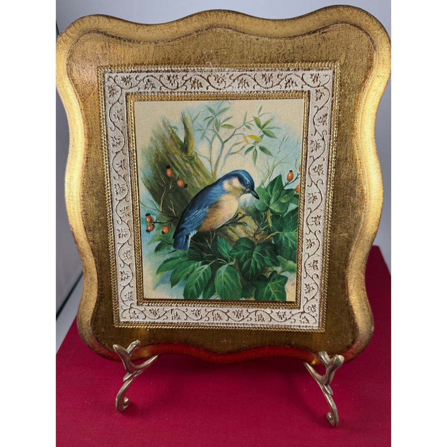 Vintage Italian Gilded Wood Plaque – Bluebird Painting – Made in Italy