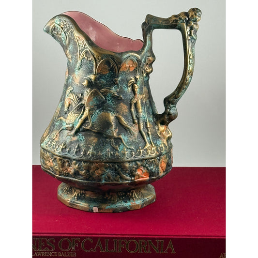 Vintage Knight Pitcher – Signed J. Waters – Pink Glazed Interior – Medieval Relief – Gothic Revival Decor